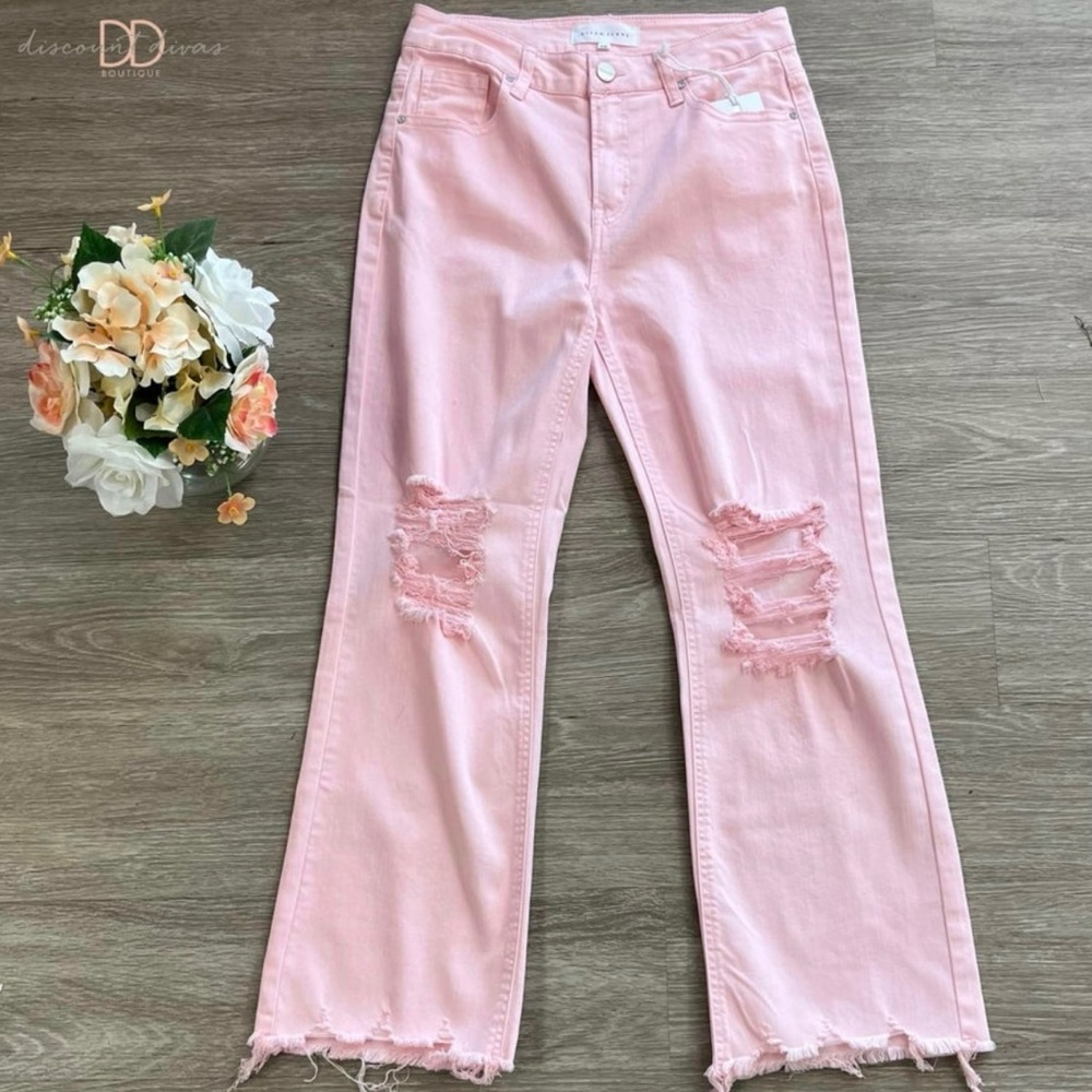 Pink Distressed Risen Jeans